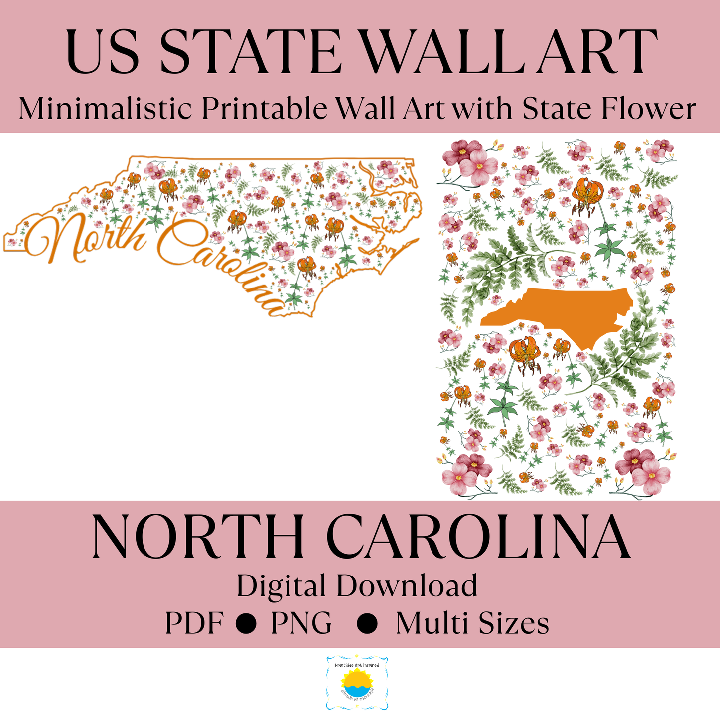 North Carolina US State and State Flower Printable Wall Art – Digital Download ✨