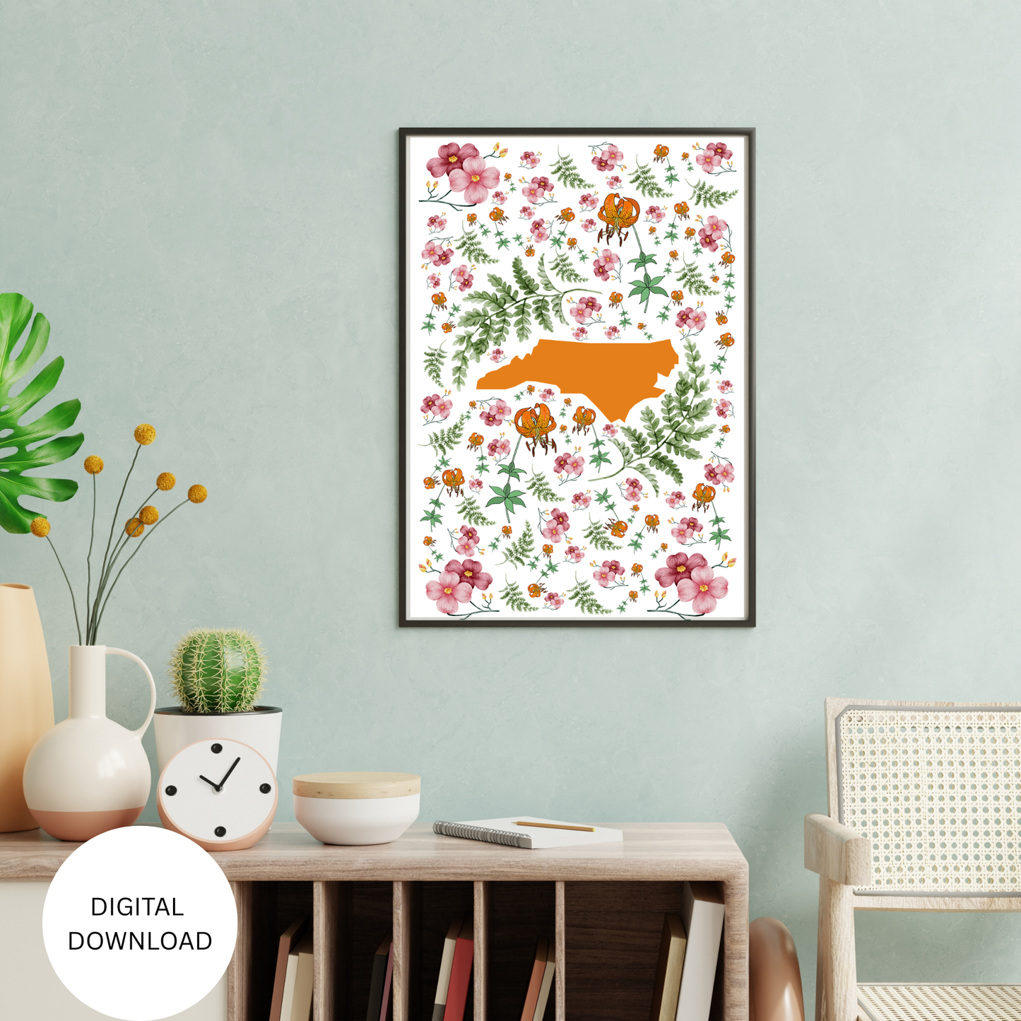 North Carolina US State and State Flower Printable Wall Art – Digital Download ✨