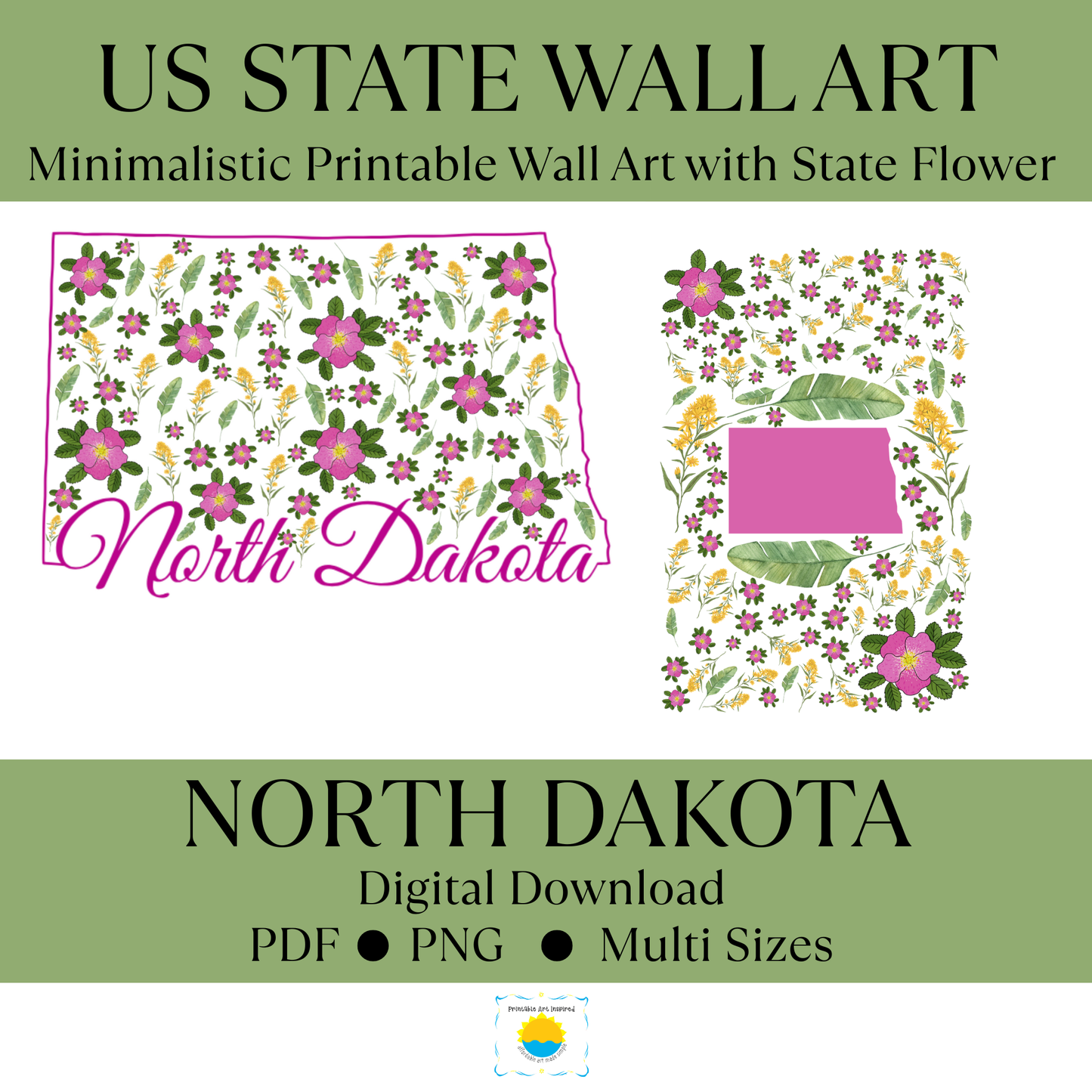 North Dakota US State and State Flower Printable Wall Art – Digital Download ✨