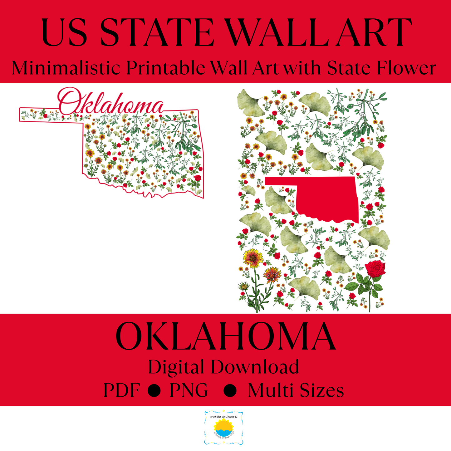 Oklahoma State & State Flower Printable Wall Art – Digital Download