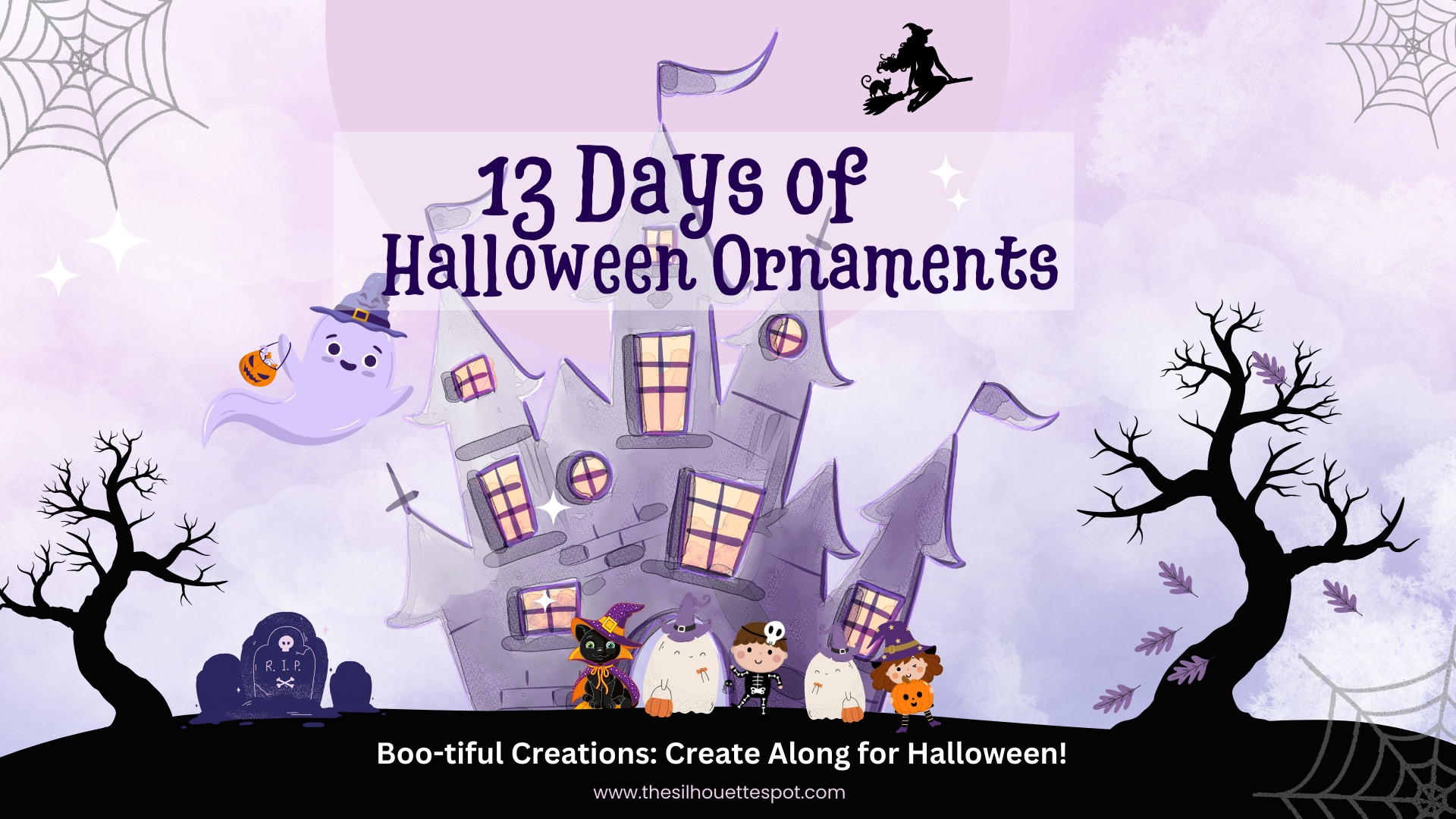Promotional graphic for '13 Days of Halloween Ornaments' with a haunted house and Halloween-themed elements on a purple background.