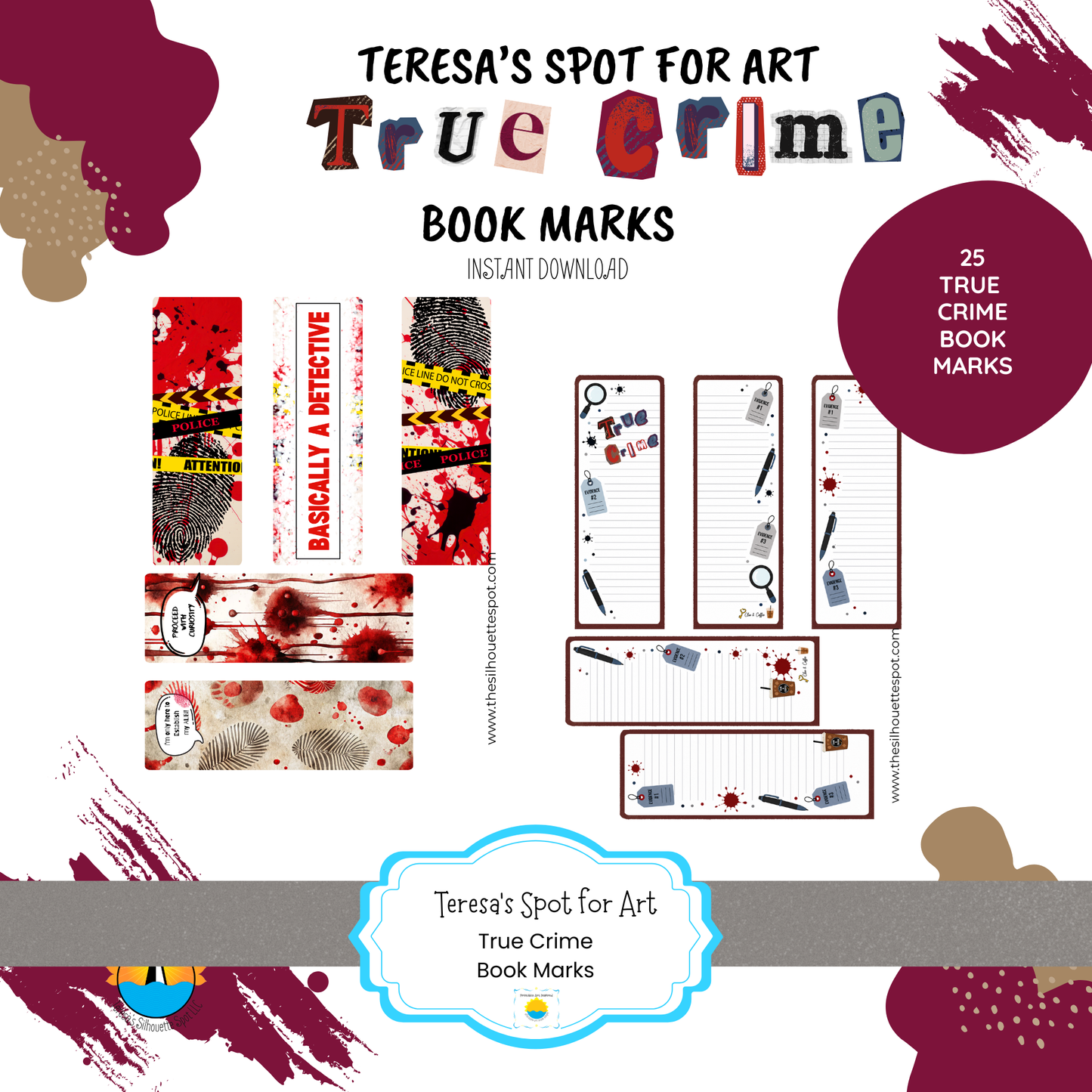 Printable True Crime Bookmarks | 25 Bookmarks for True Crime Book Lovers | Instant Download