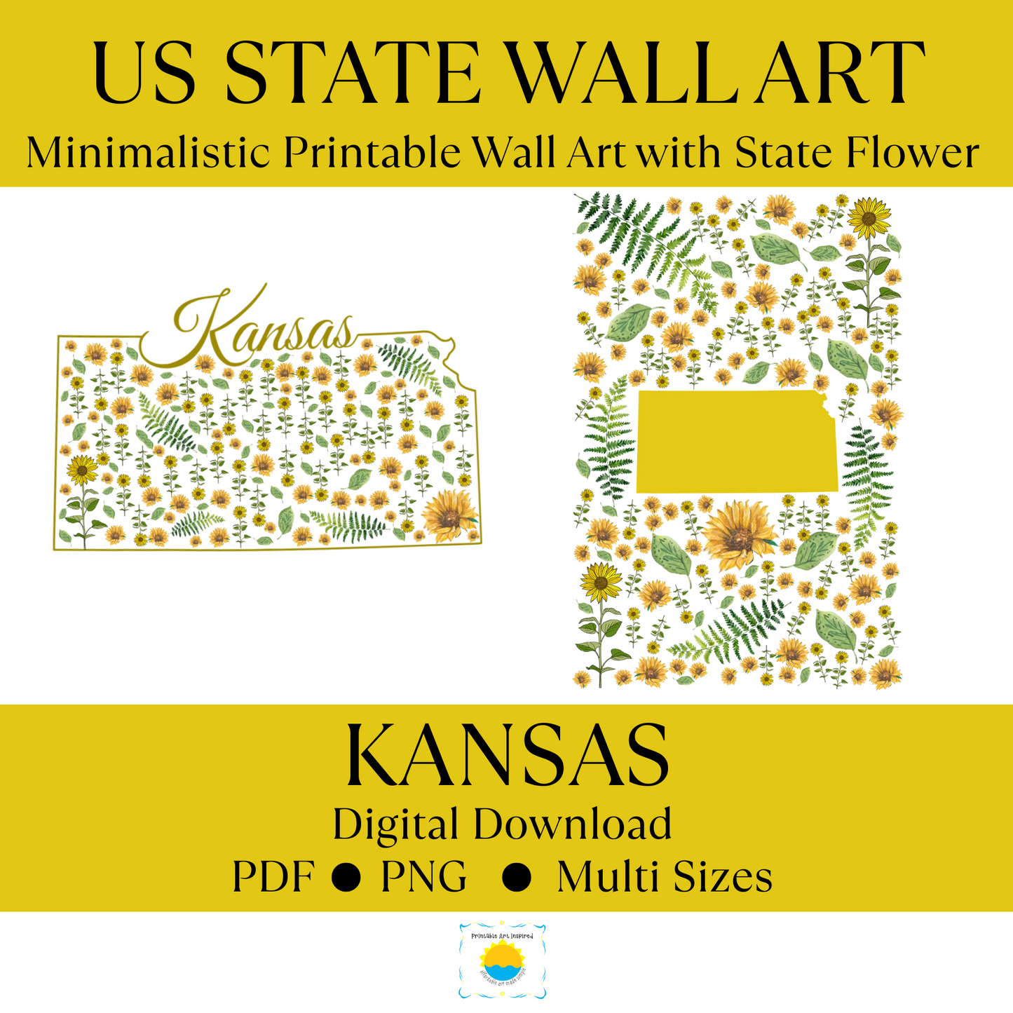 Kansas US State Digital Wall Art Printable, Minimalistic Kansas State Flower Art, Digital Download Kansas State Art