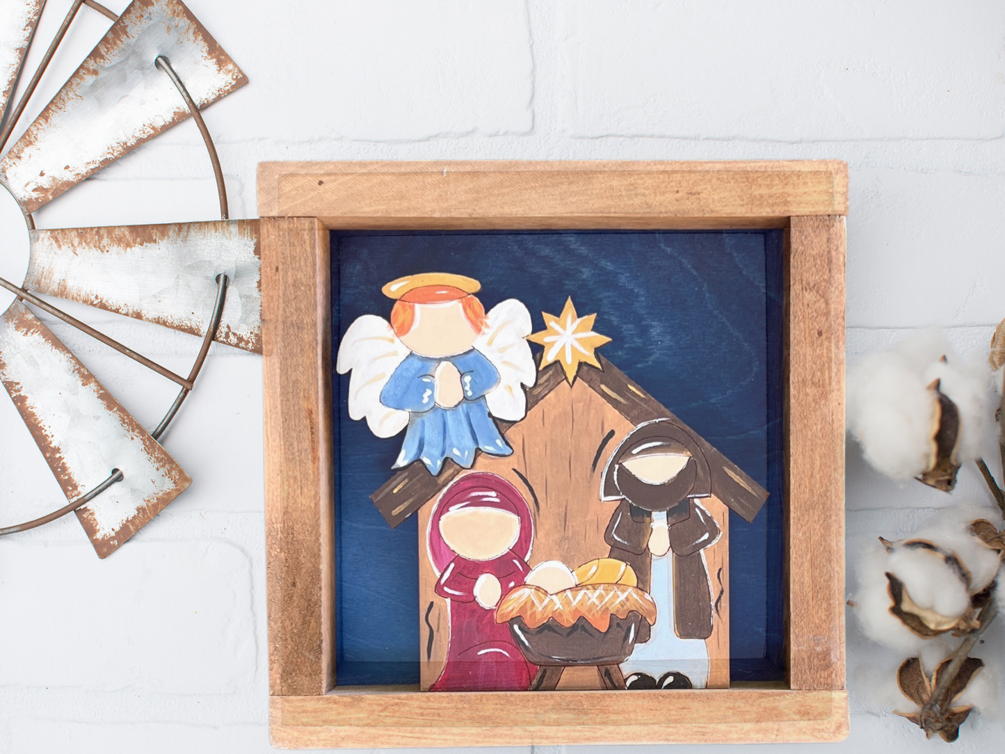 Christmas Nativity 3D Framed Wood Sign hand painted Holy Family| Nativity Scene framed Wood Sign|Nativity Set in a wood Frame hand painted