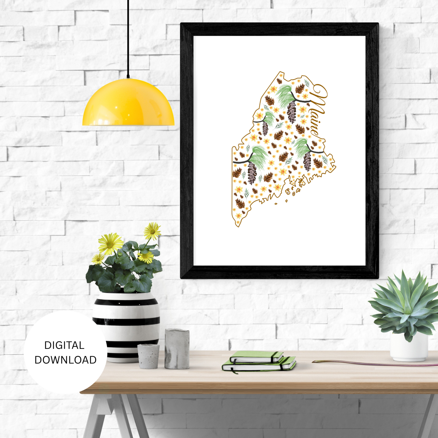 Maine US State Digital Wall Art Printable, Minimalistic Maine State Flower Art, Digital Download Mainea State Art
