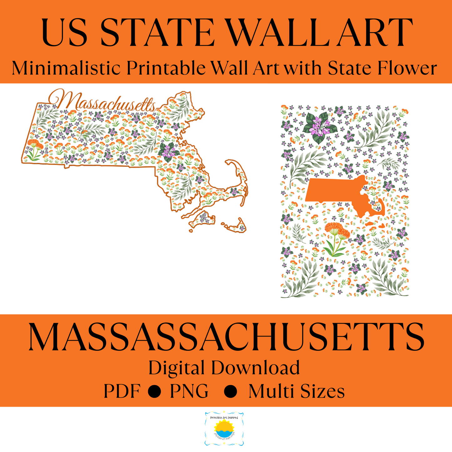 Massachusetts US State Digital Wall Art Printable, Minimalistic Massachusetts State Flower Art, Digital Download Massachusetts State Art