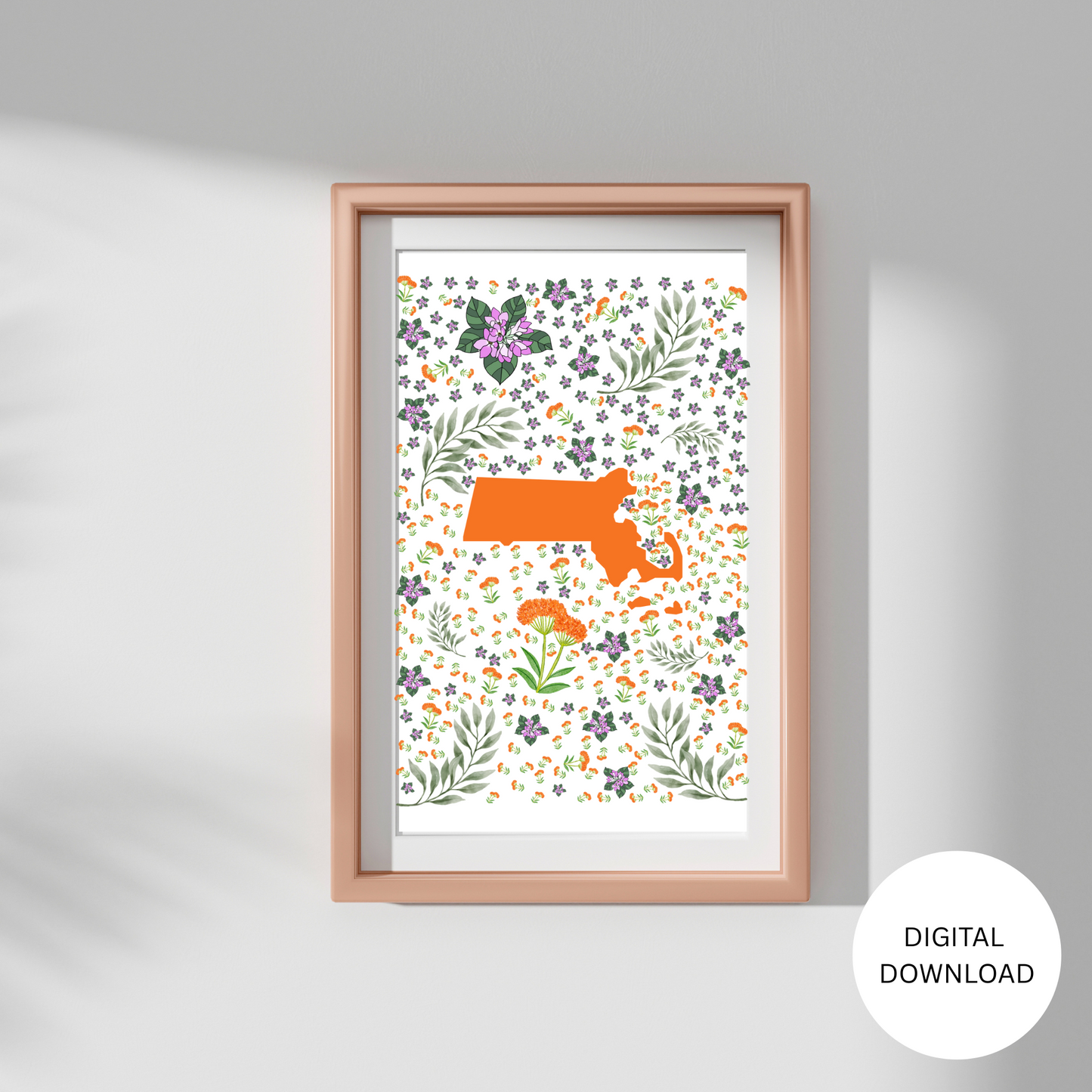 Massachusetts US State Digital Wall Art Printable, Minimalistic Massachusetts State Flower Art, Digital Download Massachusetts State Art