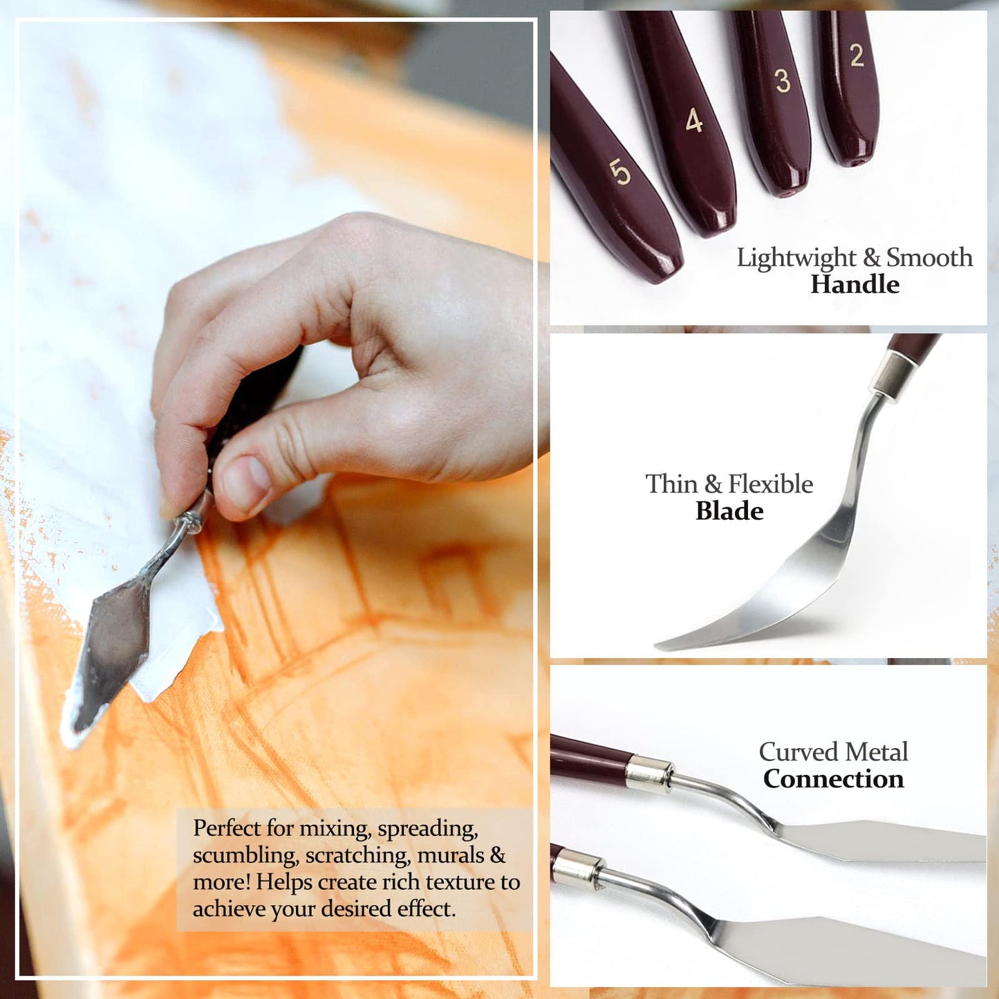 KELIFANG 5 Pieces Painting Knives Stainless Steel Palette Knife Set, Paint Scraper Oil Paint Accessories for Oil Painting, Acrylic Painting, Color Mixing and Thick Paint Applications