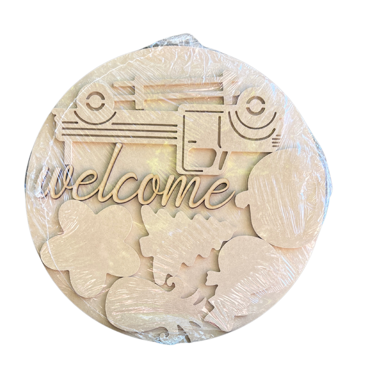 DIY Welcome Round Door Hanger with Interchangeable Seasonal Wood Cutouts-18" Round Welcome door hanger