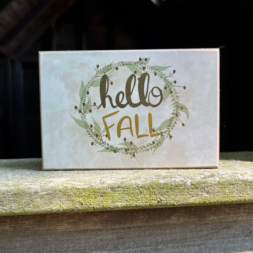 Hello Fall Small 4x6 Fall Signs: Pastel Earth Tone Prints on Smooth Wood