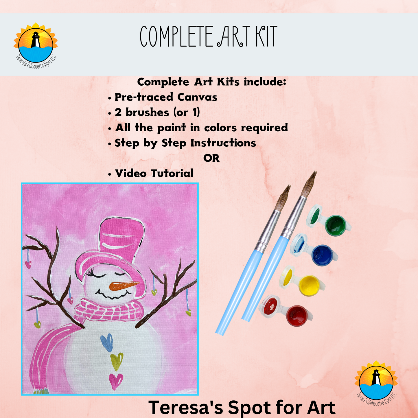 Pink Snowman Scene Art Party Kit! At Home Paint Party Supplies! Beginner Friendly!