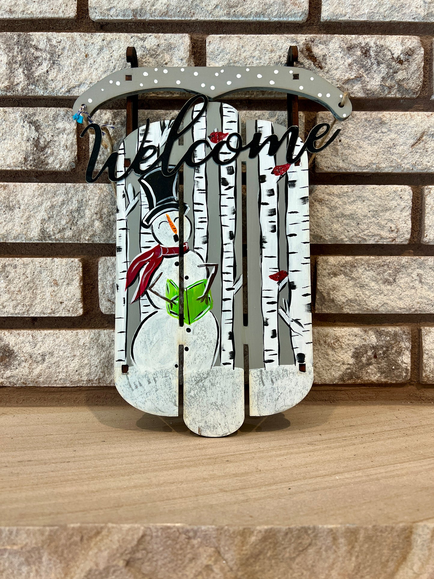 Wood 3D sled with Snowman and Birch Trees