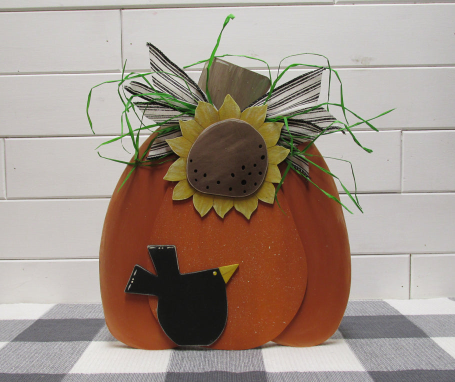 Wooden Prim Pumpkin w Bird and Sunflower Blanks
