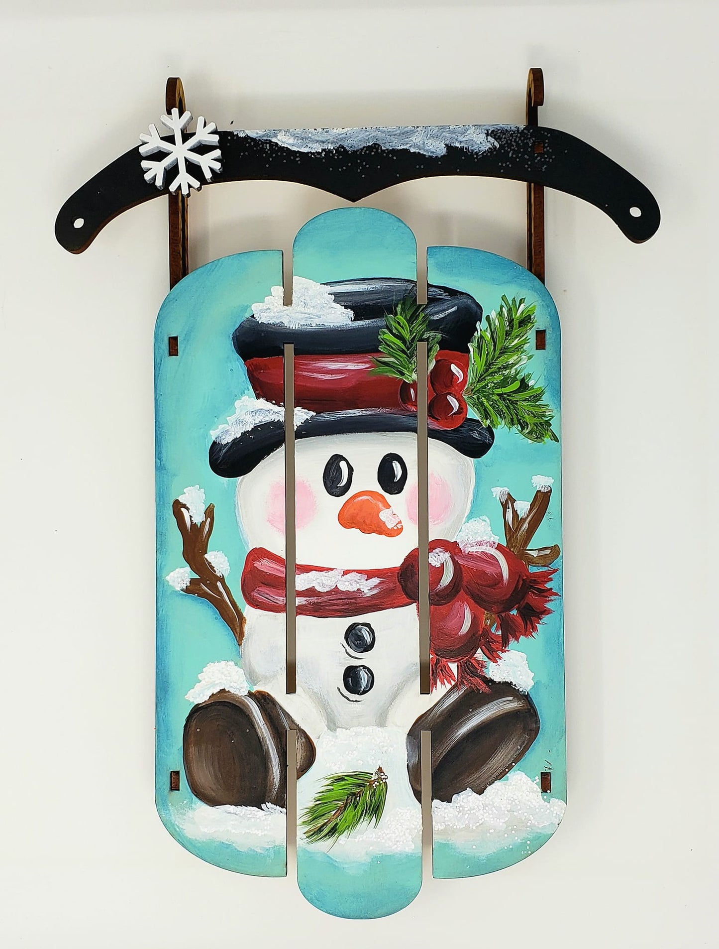 Sitting Snowman Sled Art Kits in 3D wood Cutout.