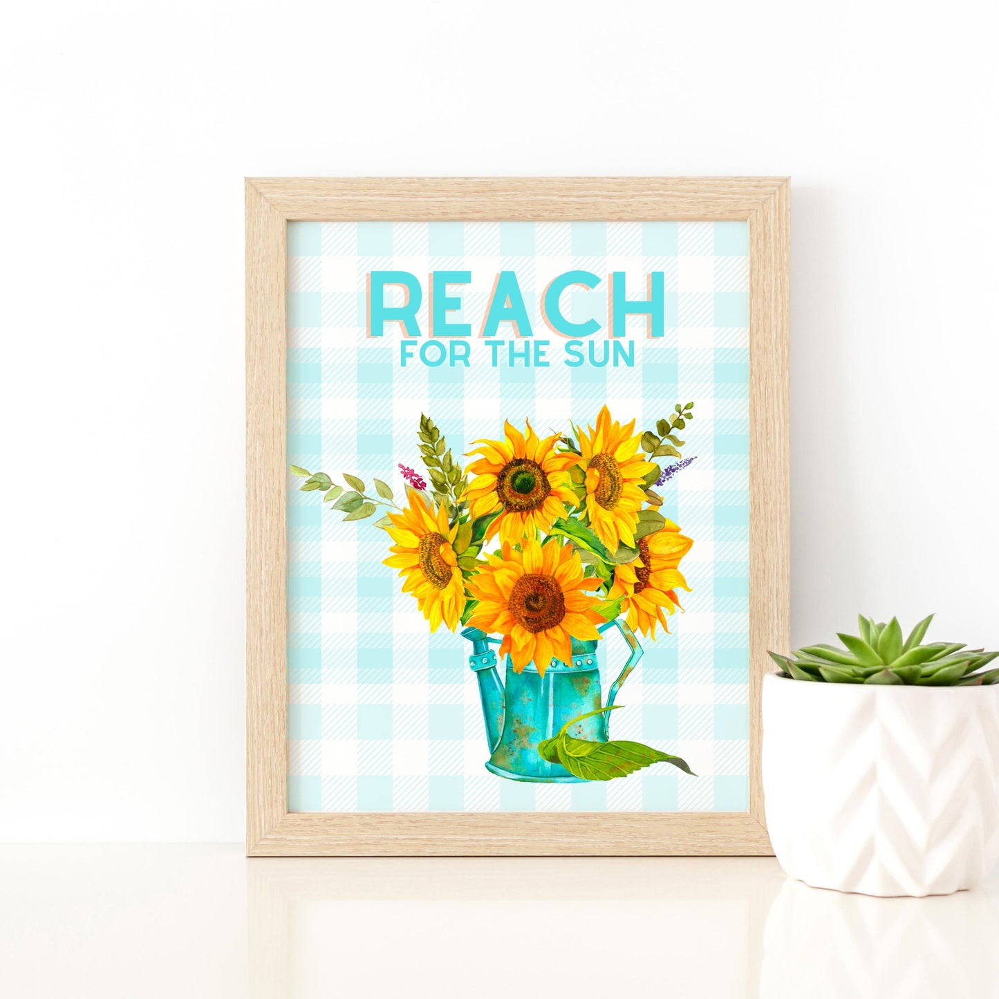 Sunflower Aqua Buffalo Check Printable Inspirational Digital Wall Art