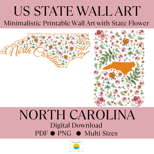 North Carolina US State and State Flower Printable Wall Art – Digital Download ✨