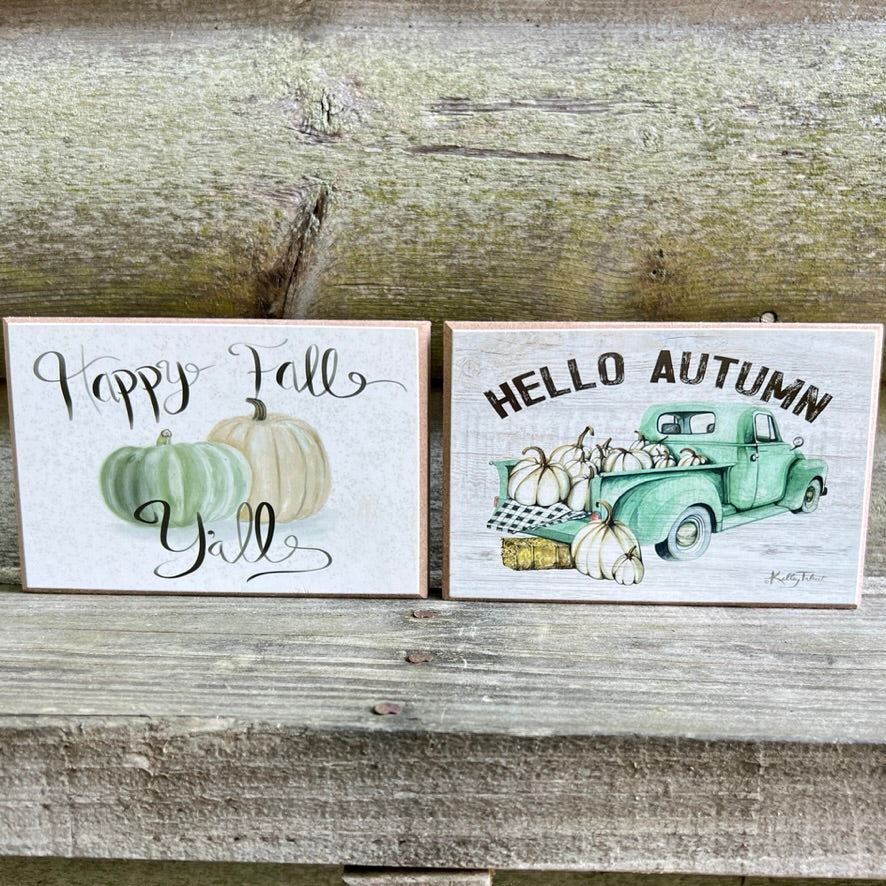 Hello Autumn Small Farm Truck 4x6 Fall Signs: Pastel Earth Tone Prints on Smooth Wood