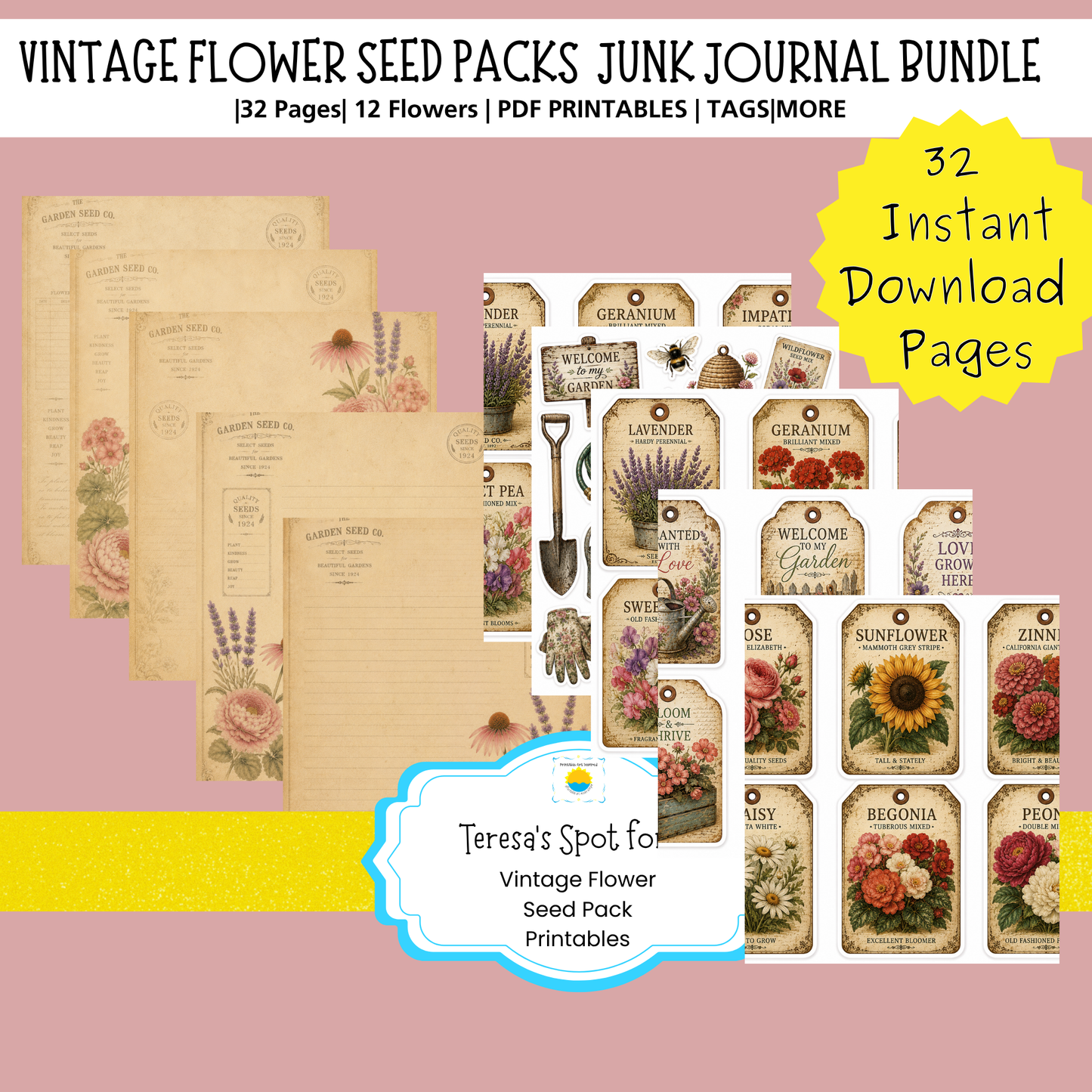 Vintage Flower Seed Pack Printables for Junk Journaling, Collage & Creative Crafts 32 page PDF Instant Download