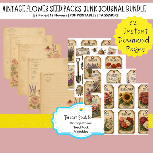 Vintage Flower Seed Pack Printables for Junk Journaling, Collage & Creative Crafts 32 page PDF Instant Download
