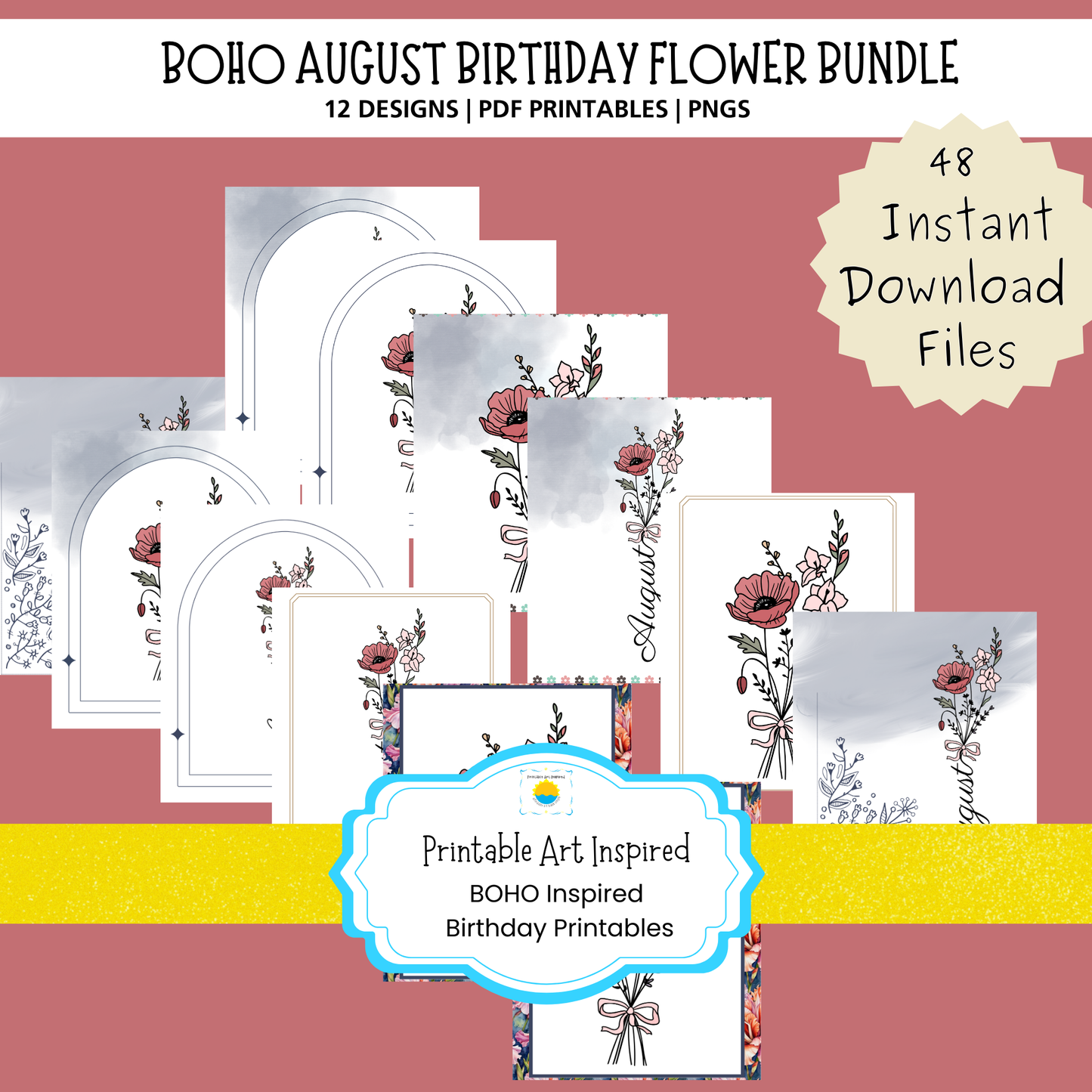 Boho August Birthday Flower  Printable Art Bundle — 48 File Digital Download