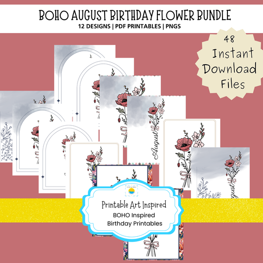 Boho August Birthday Flower  Printable Art Bundle — 48 File Digital Download