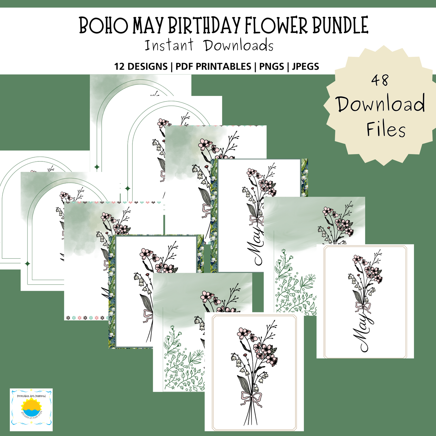 Boho May Birthday Flower  Printable Art Bundle — 48 File Digital Download