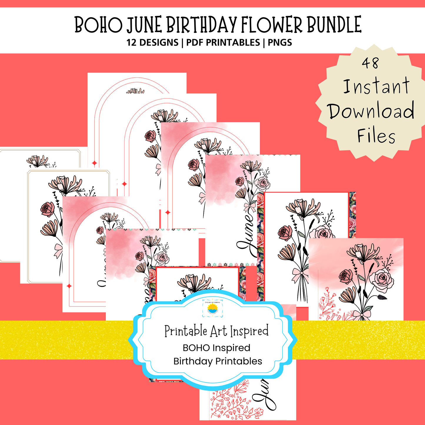 Boho June Birthday Flower  Printable Art Bundle — 48 File Digital Download