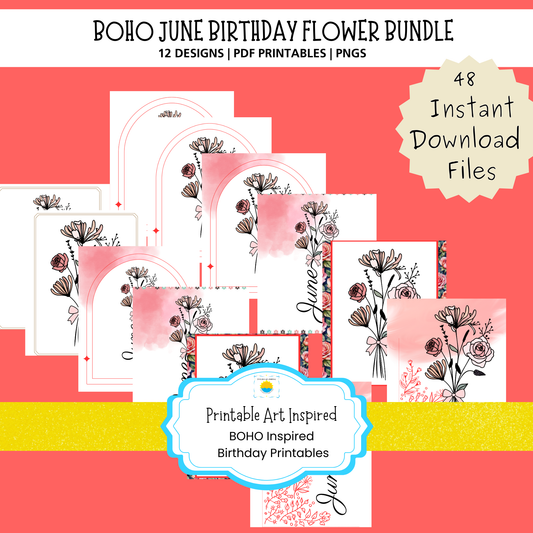 Boho June Birthday Flower  Printable Art Bundle — 48 File Digital Download