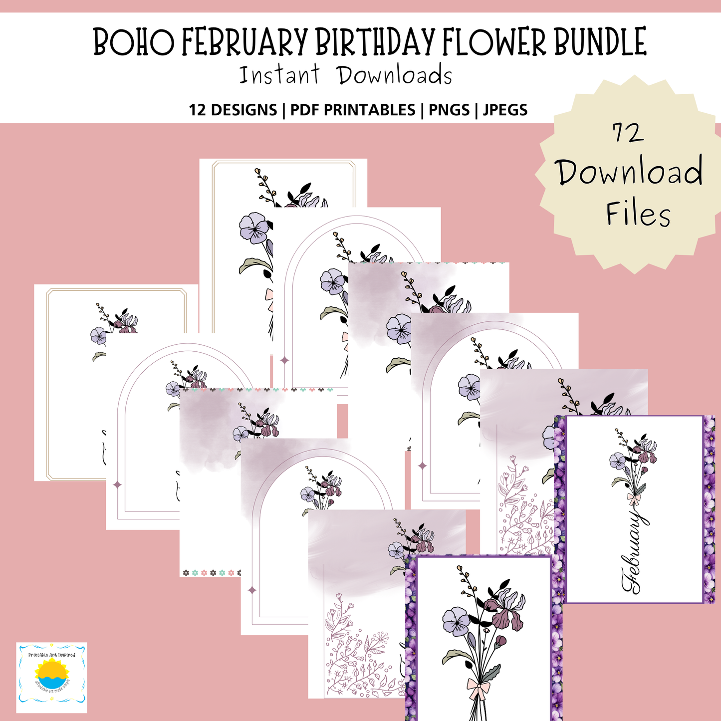 Boho February Printable Art Bundle — 72 File Digital Download