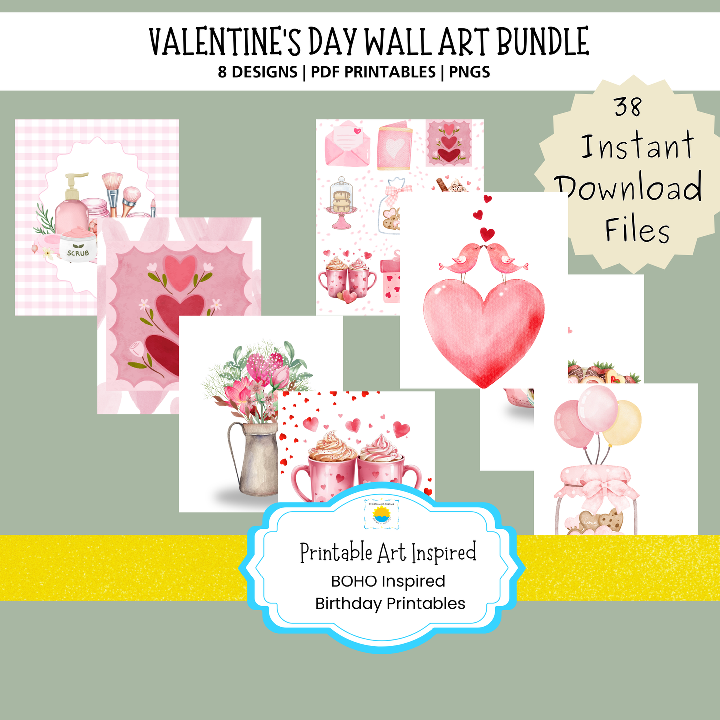 Watercolor Valentine Wall Art Bundle (Printable Digital Download)