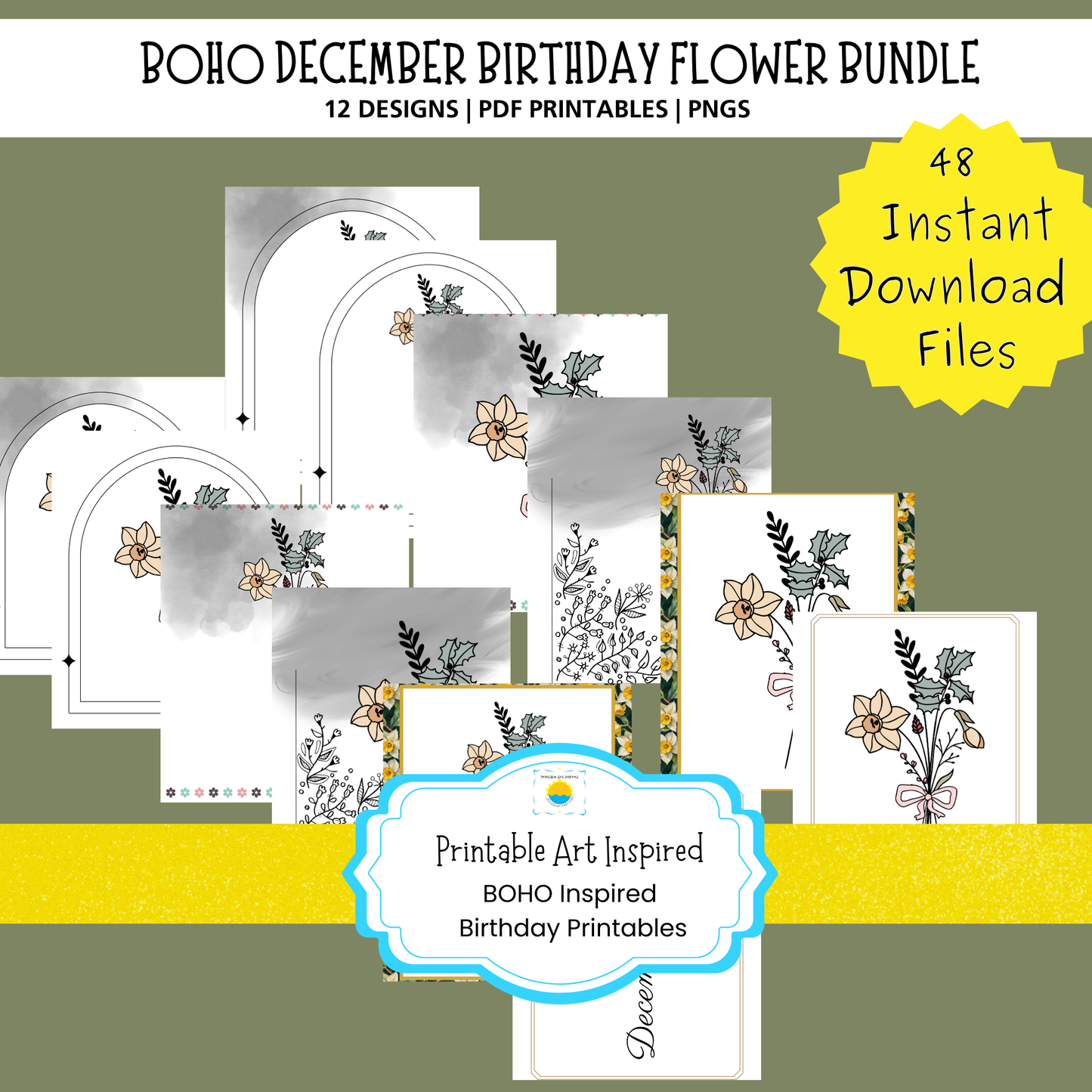 December Boho Birthday Flower  Printable Art Bundle — 48 File Digital Download