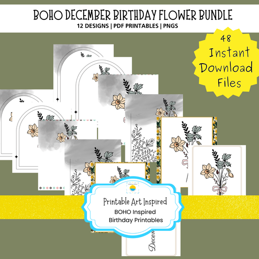 December Boho Birthday Flower  Printable Art Bundle — 48 File Digital Download