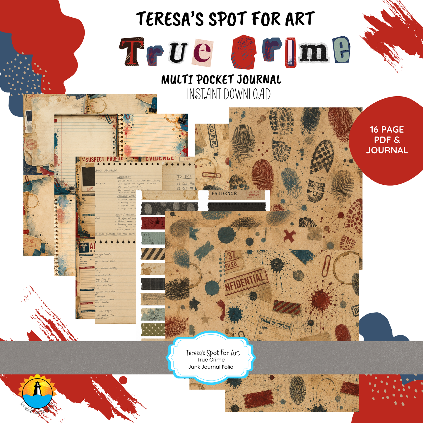 Printable True Crime Multi Pocket Junk Journal | 16  Pages for True Crime Book Lovers | Instant Download