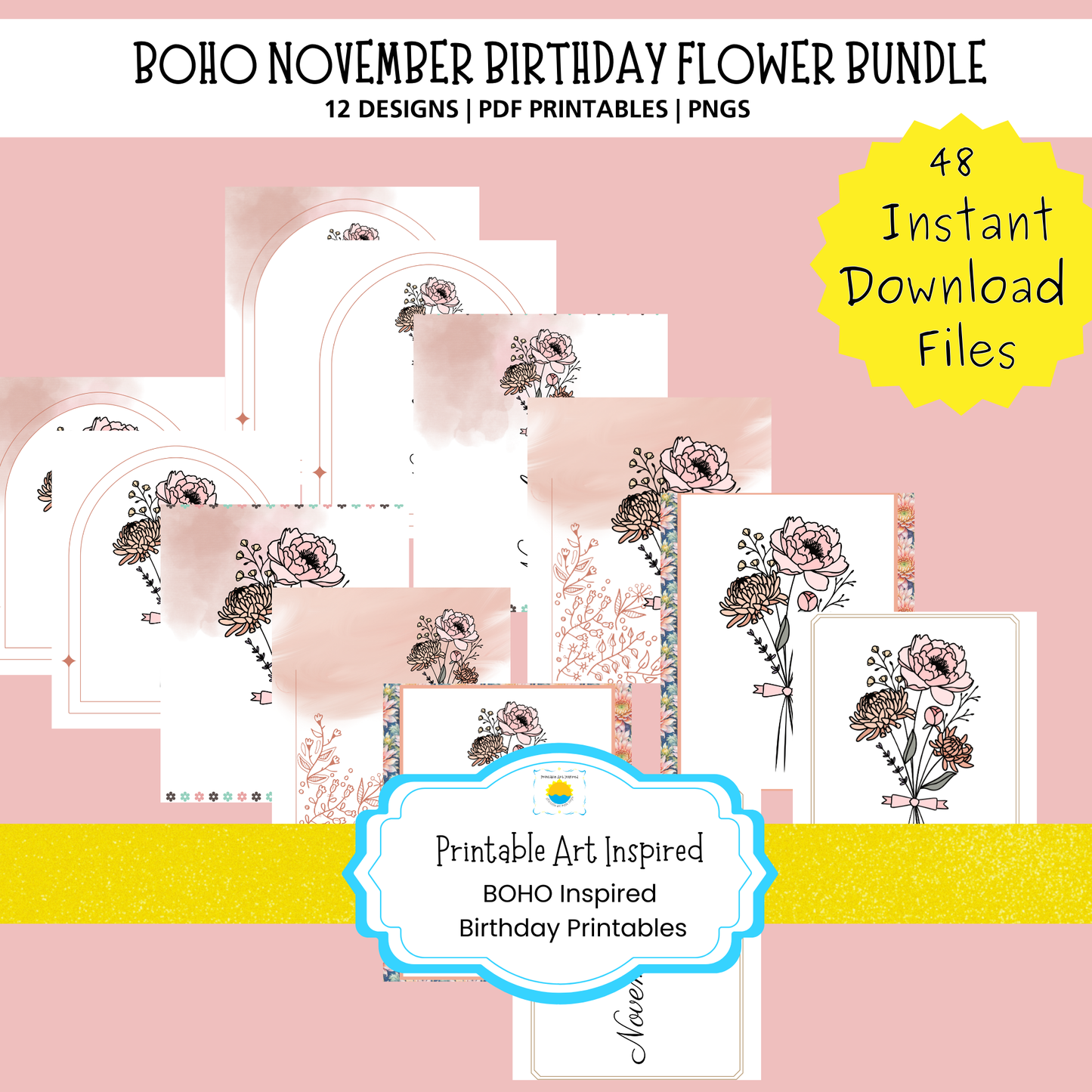 Boho November Birthday Flower  Printable Art Bundle — 48 File Digital Download