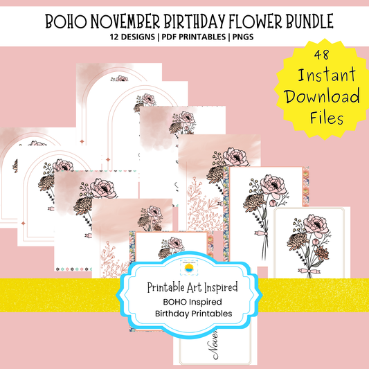 Boho November Birthday Flower  Printable Art Bundle — 48 File Digital Download