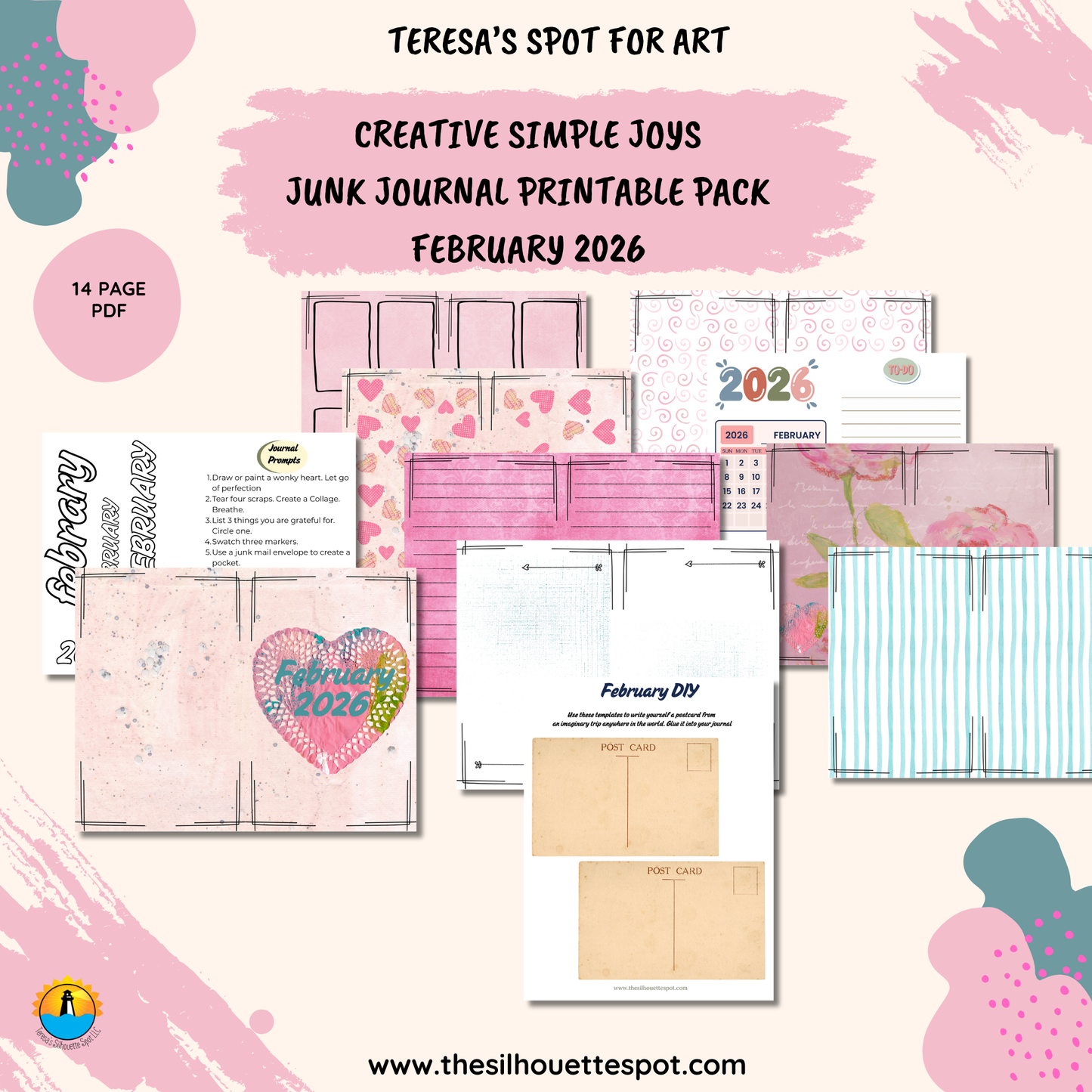 Junk Journal Monthly Bundle for February 2026- 14 Page PDF Junk Journal Printable