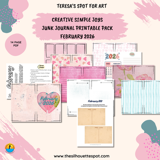 Junk Journal Monthly Bundle for February 2026- 14 Page PDF Junk Journal Printable