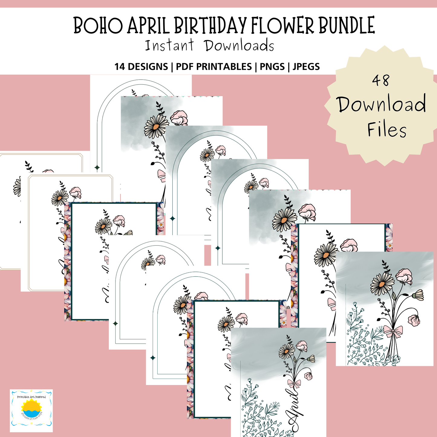 Boho April Birthday Flower  Printable Art Bundle — 84 File Digital Download