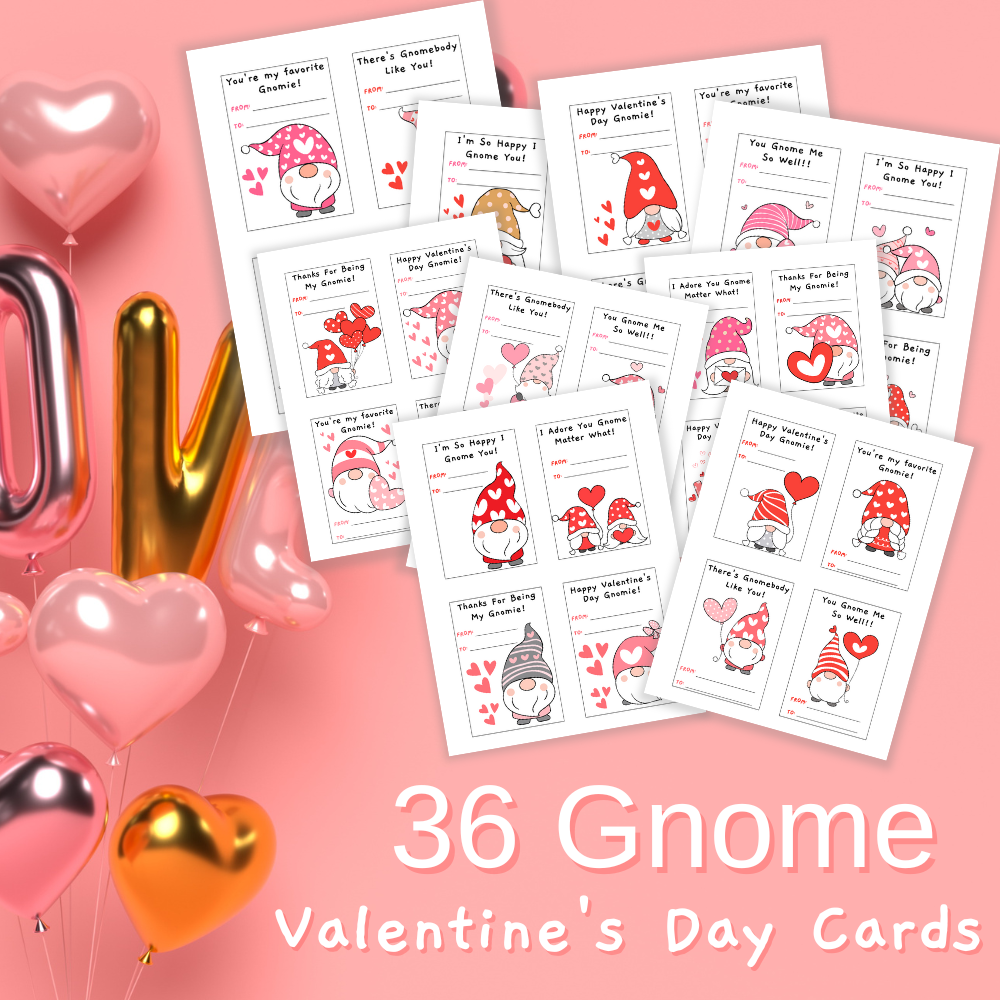 36 Gnome Kid's Valentine's Day Cards (Printable Digital Download)