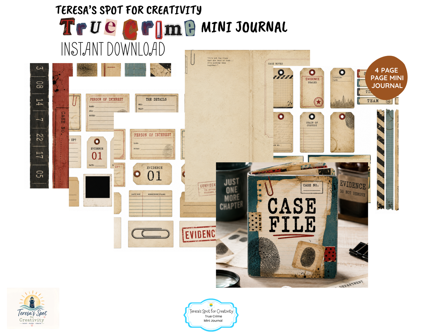 Printable True Crime Mini Junk Journal Kit | Case File Detective Journal | 4 Page PDF Digital Download