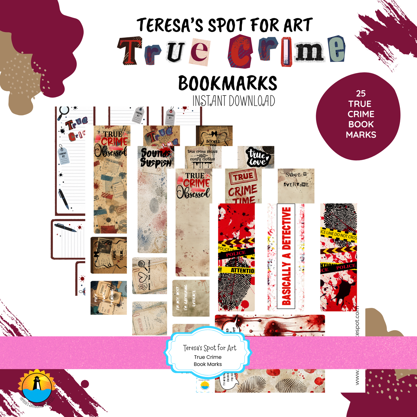 Printable True Crime Bookmarks | 25  Bookmarks for True Crime Book Lovers | Instant Download
