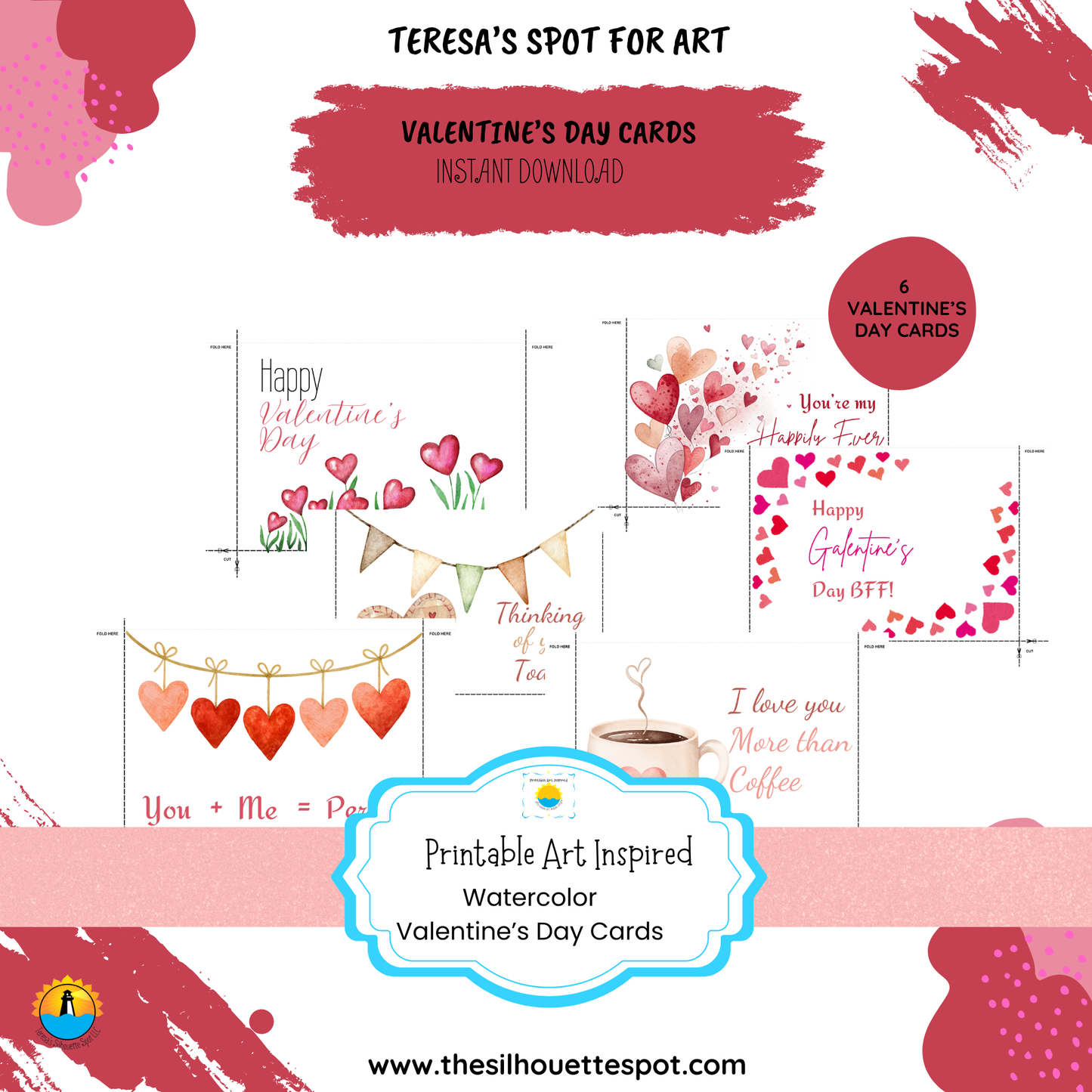 Set of 6  Watercolor Valentine Cards (Printable Digital Download)