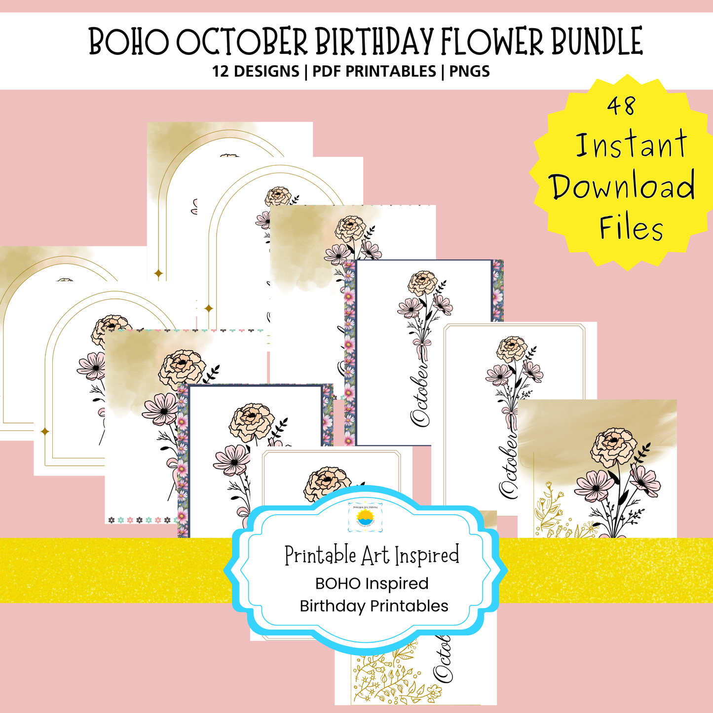 Boho October Birthday Flower  Printable Art Bundle — 48 File Digital Download