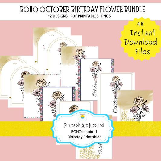 Boho October Birthday Flower  Printable Art Bundle — 48 File Digital Download