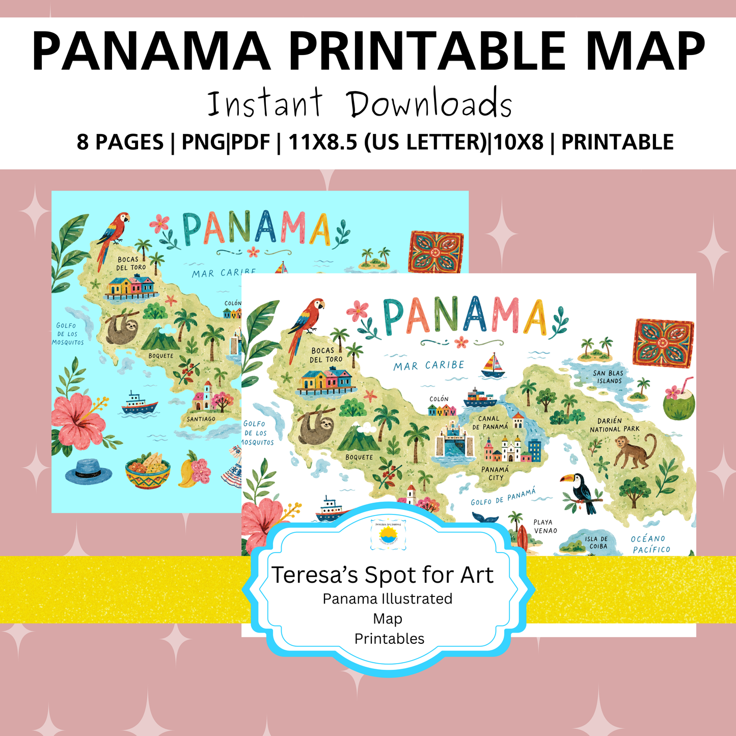 Panama Travel Poster Illustrated Map Digital Download