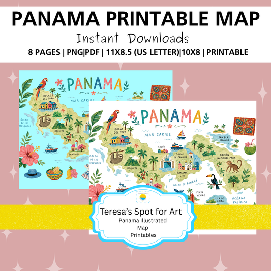 Panama Travel Poster Illustrated Map Digital Download