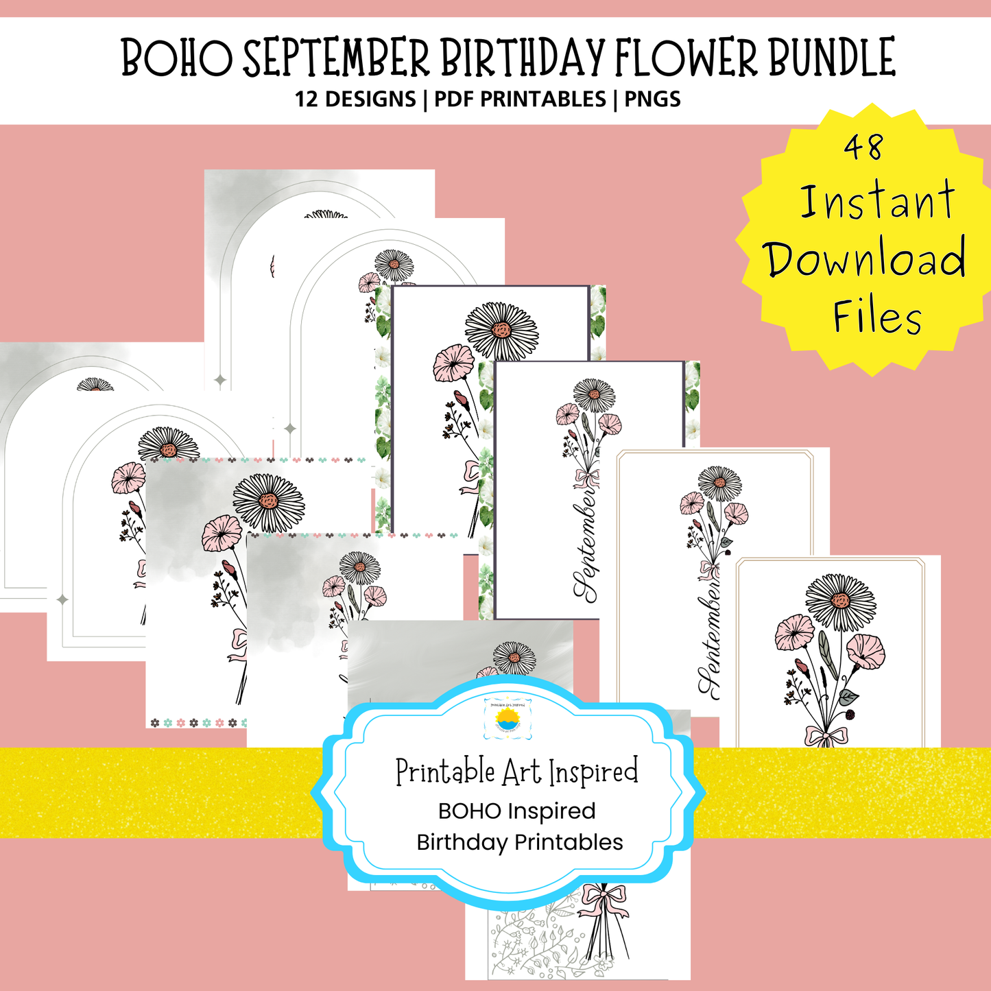 Boho September Birthday Flower  Printable Art Bundle — 48 File Digital Download