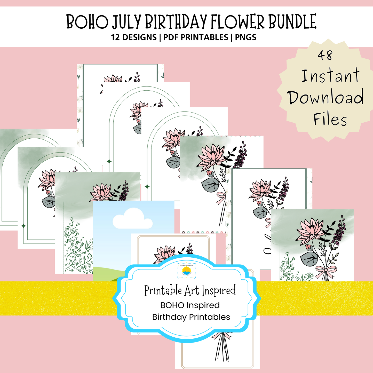 Boho July Birthday Flower  Printable Art Bundle — 48 File Digital Download