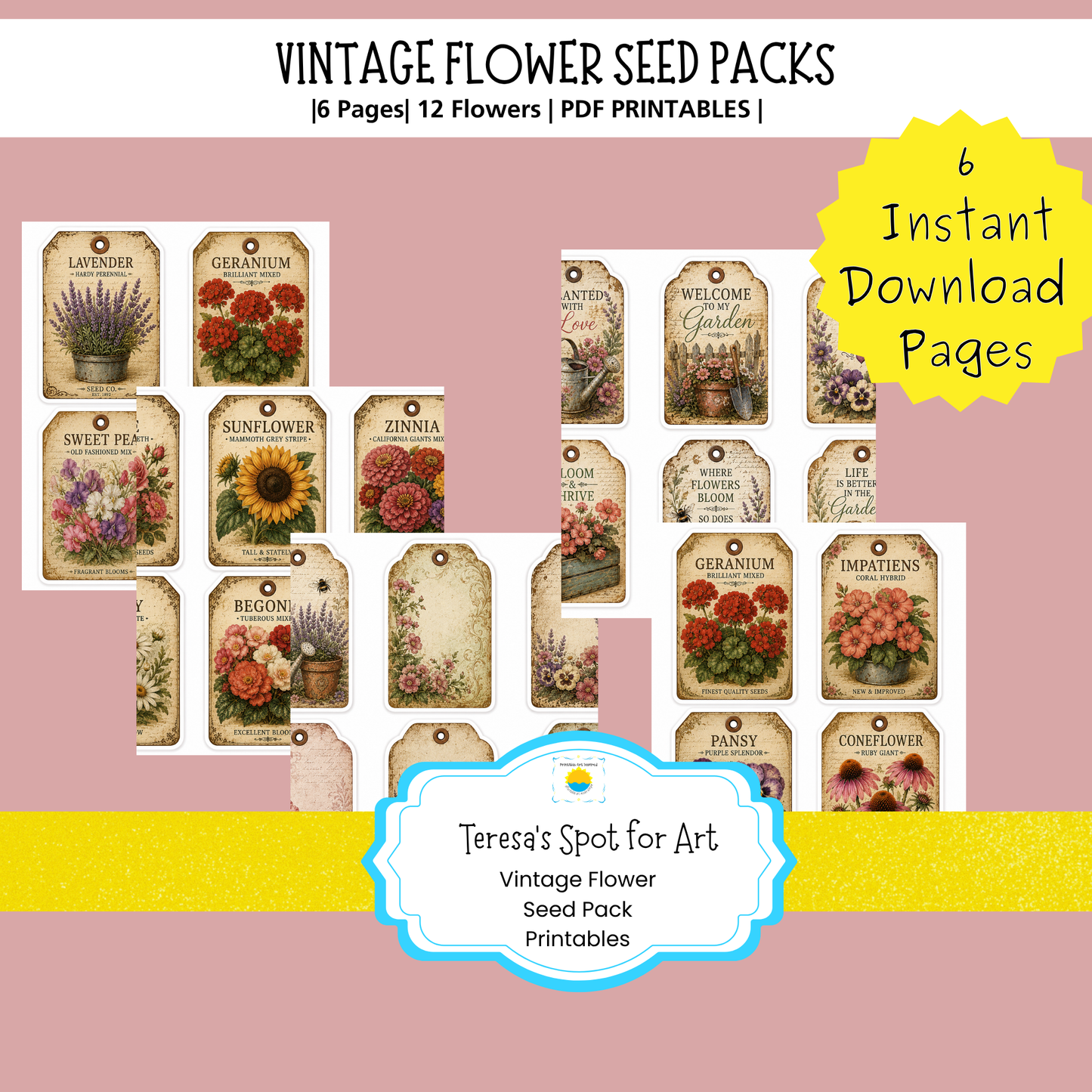 Vintage Flower Seed Pack Printables for Journaling, Collage & Creative Crafts 6 page PDF Instant Download