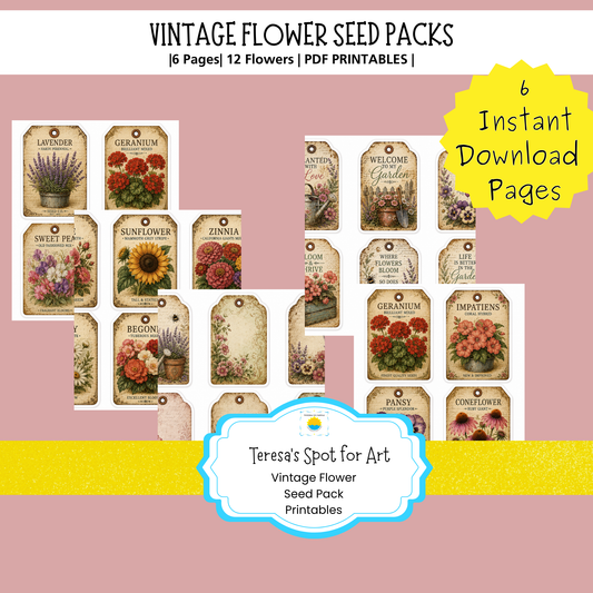 Vintage Flower Seed Pack Printables for Journaling, Collage & Creative Crafts 6 page PDF Instant Download